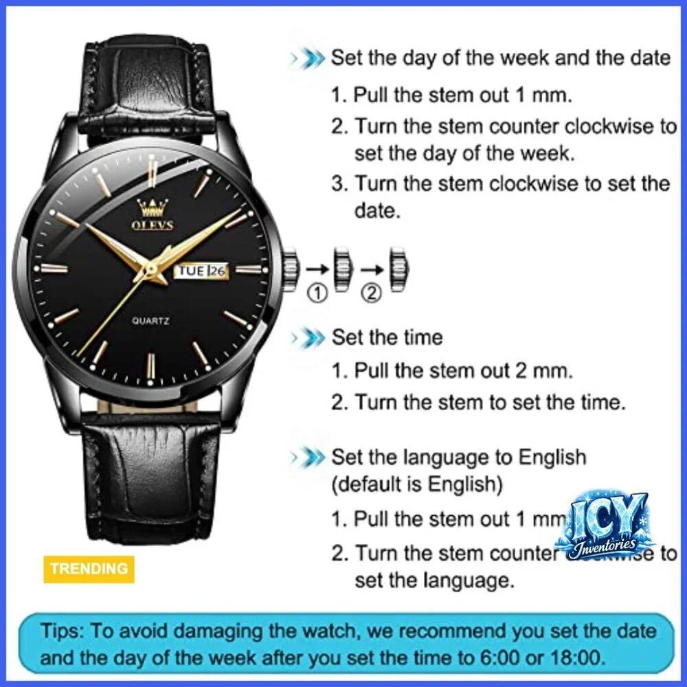 Stainless Steel Analog Quartz Watch with Day Date Luminous Hands